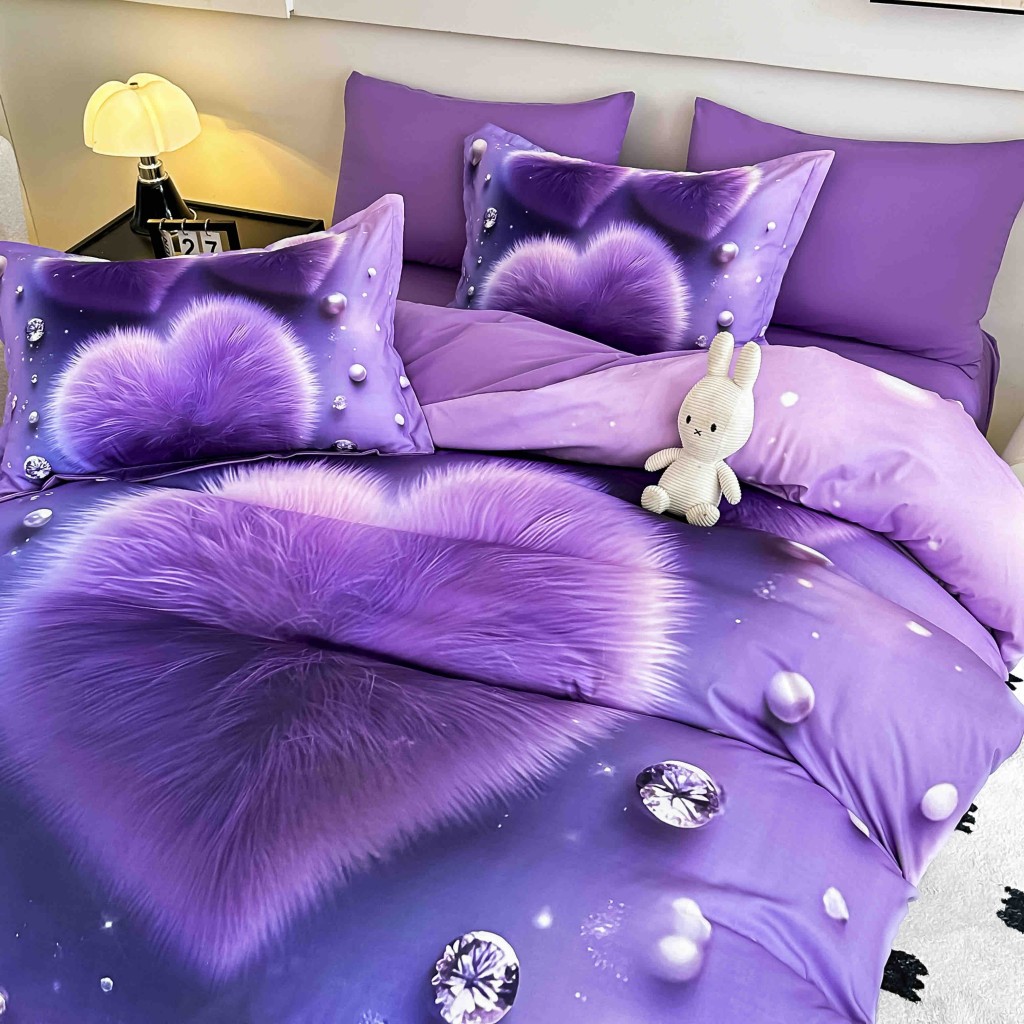 Lenjerie de pat, 2 persoane, cu elastic, finet, 6 piese, imprimeu 5D, mov , cu inimă pufoasă, LELD6028