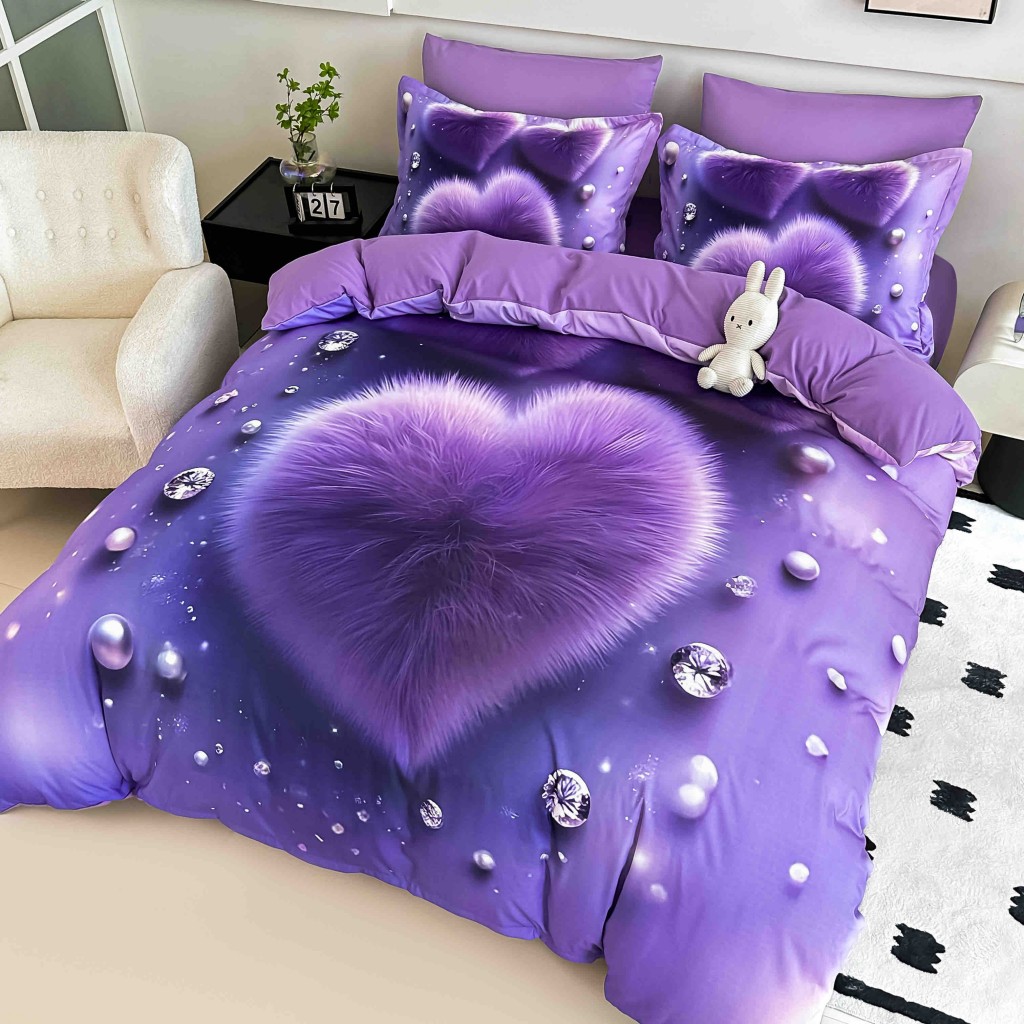 Lenjerie de pat, 2 persoane, cu elastic, finet, 6 piese, imprimeu 5D, mov , cu inimă pufoasă, LELD6028