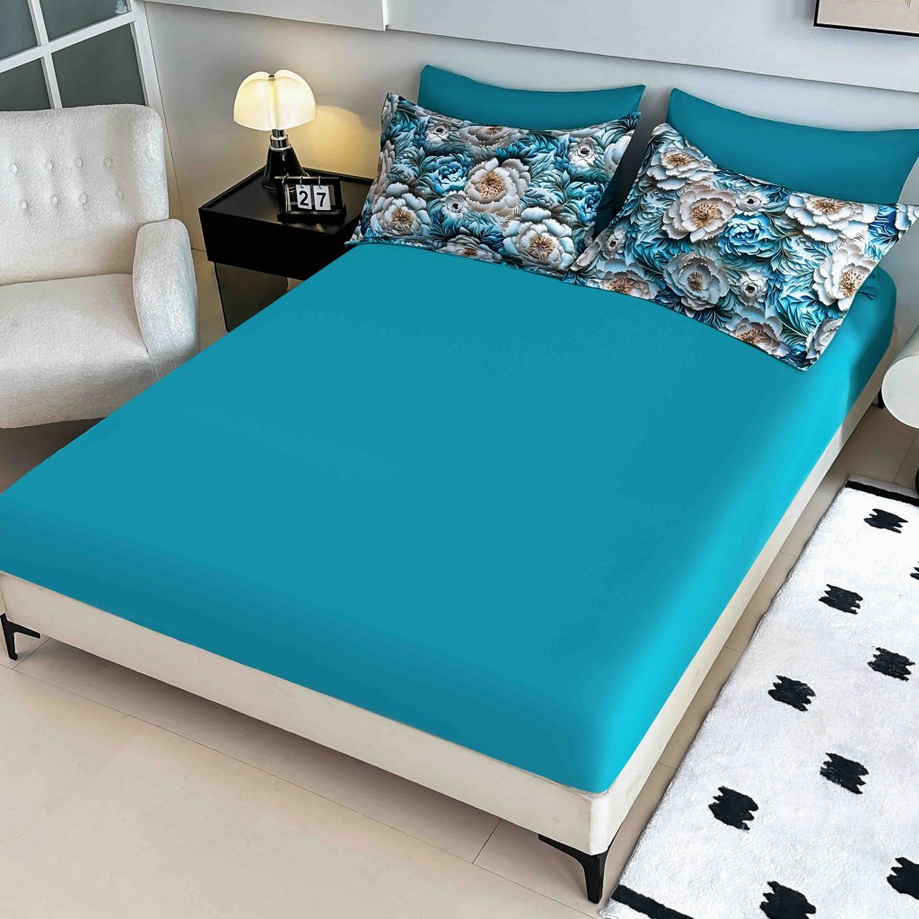 Lenjerie de pat, 2 persoane, cu elastic, finet, 6 piese, imprimeu 5D, turcoaz și crem, cu flori, LELD6029