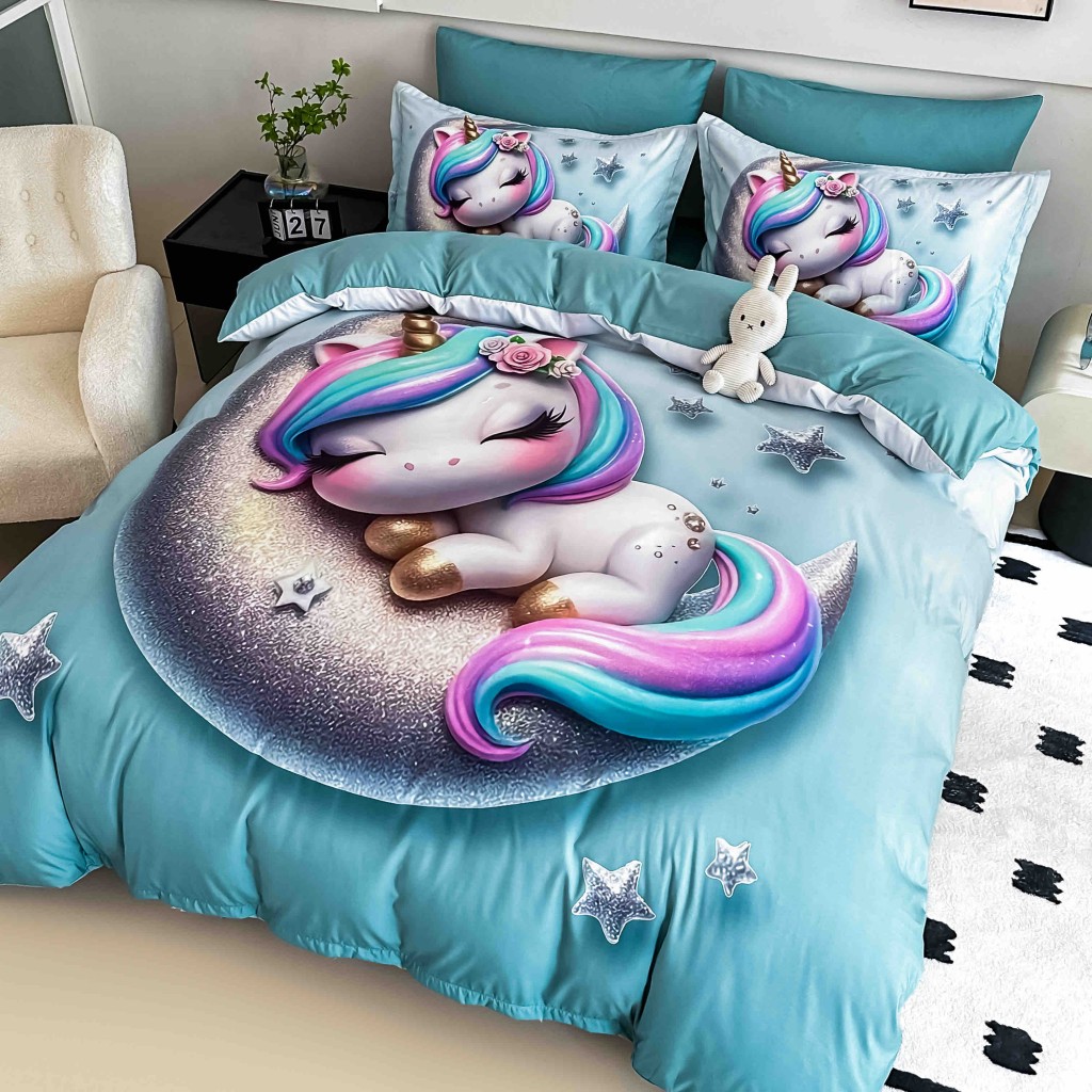 Lenjerie de pat, 2 persoane, cu elastic, finet, 6 piese, imprimeu 5D, turcoaz , cu unicorn, LELD6030