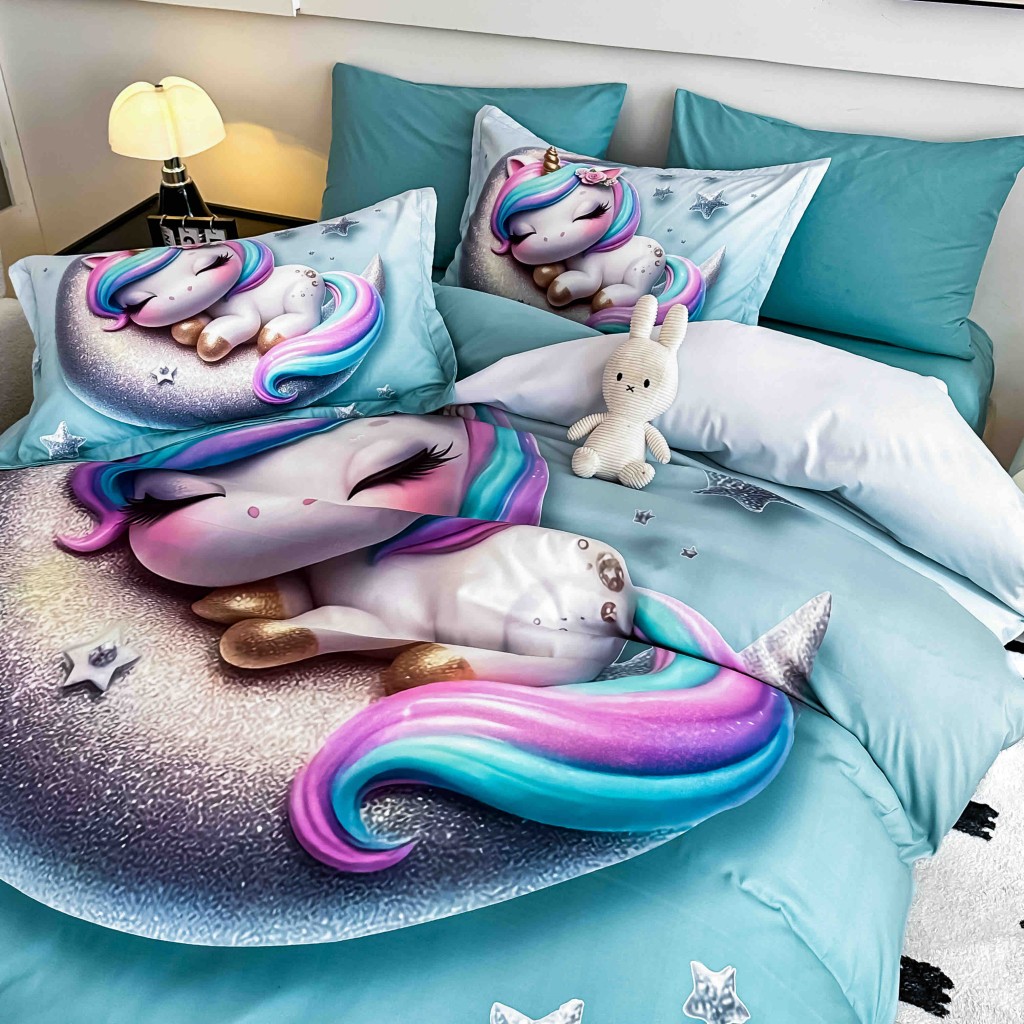 Lenjerie de pat, 2 persoane, cu elastic, finet, 6 piese, imprimeu 5D, turcoaz , cu unicorn, LELD6030