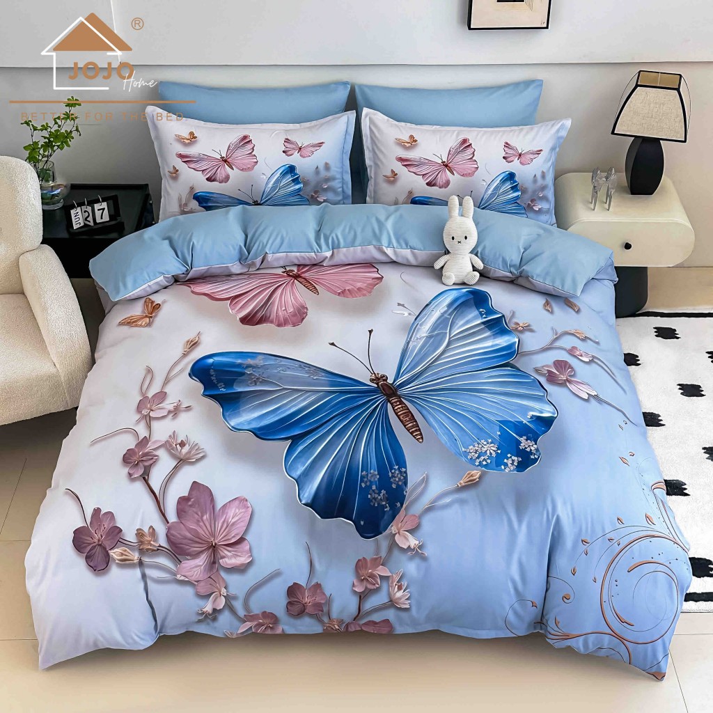 Lenjerie de pat, 2 persoane, cu elastic, finet, 6 piese, imprimeu 5D, albastru , cu flori și fluturi, LELD6031