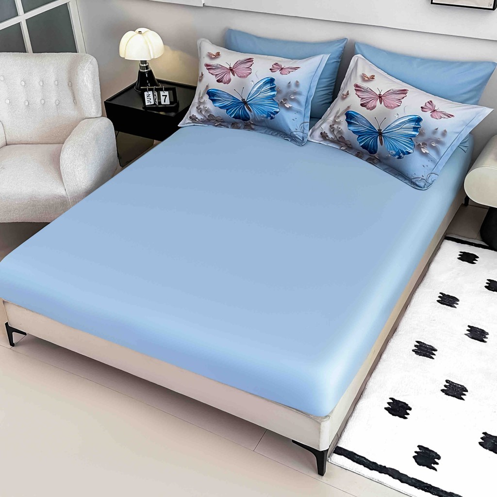 Lenjerie de pat, 2 persoane, cu elastic, finet, 6 piese, imprimeu 5D, albastru , cu flori și fluturi, LELD6031