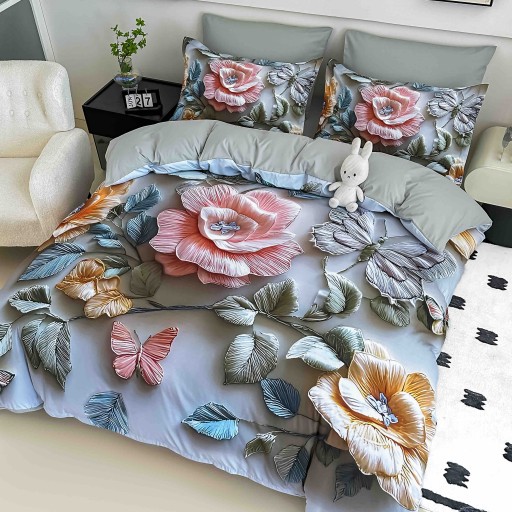 Lenjerie de pat, 2 persoane, cu elastic, finet, 6 piese, imprimeu 5D, gri , cu flori, LELD6032