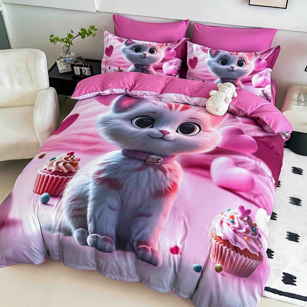 Lenjerie de pat, 2 persoane, cu elastic, finet, 6 piese, imprimeu 5D, roz , cu pui de pisică, LELD6033