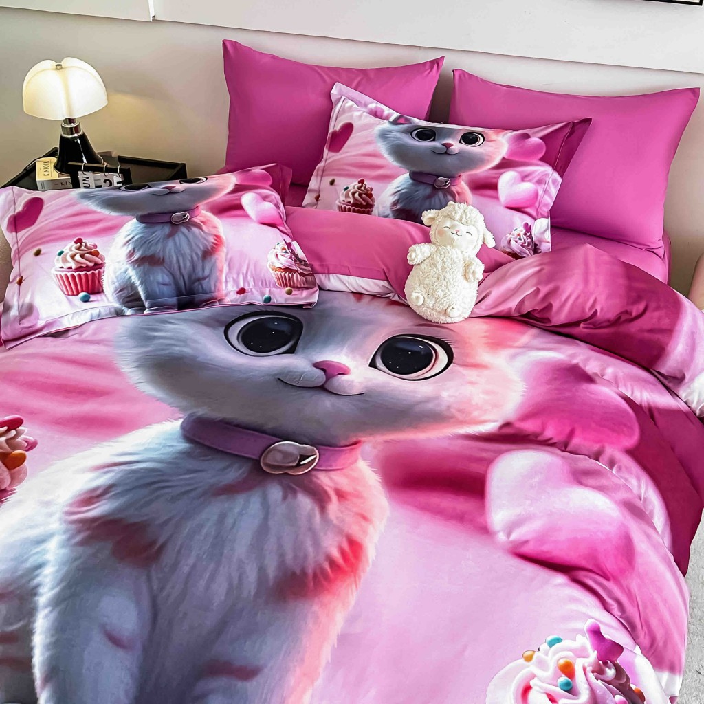 Lenjerie de pat, 2 persoane, cu elastic, finet, 6 piese, imprimeu 5D, roz , cu pui de pisică, LELD6033