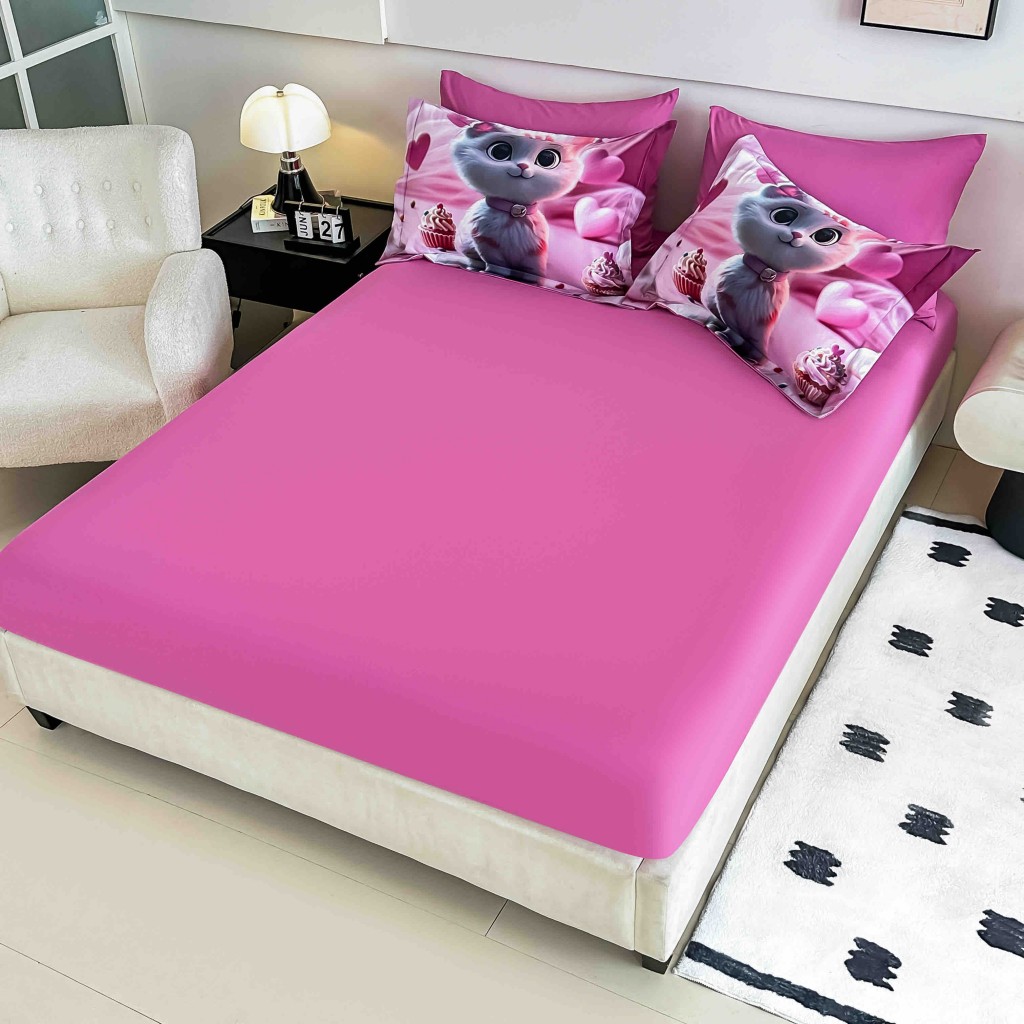 Lenjerie de pat, 2 persoane, cu elastic, finet, 6 piese, imprimeu 5D, roz , cu pui de pisică, LELD6033
