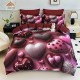 Lenjerie de pat, 2 persoane, cu elastic, finet, 6 piese, imprimeu 5D, roz și vișiniu, cu inimi, LELD6034