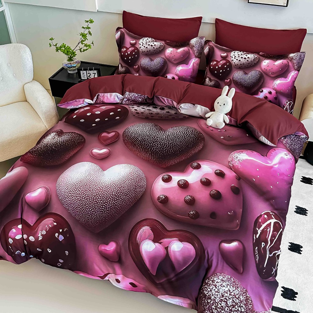 Lenjerie de pat, 2 persoane, cu elastic, finet, 6 piese, imprimeu 5D, roz și vișiniu, cu inimi, LELD6034