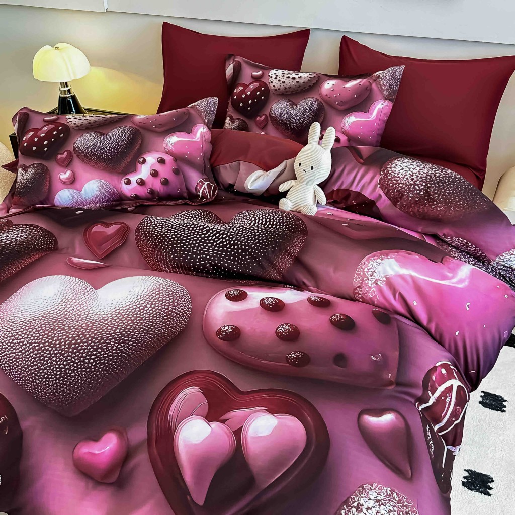 Lenjerie de pat, 2 persoane, cu elastic, finet, 6 piese, imprimeu 5D, roz și vișiniu, cu inimi, LELD6034