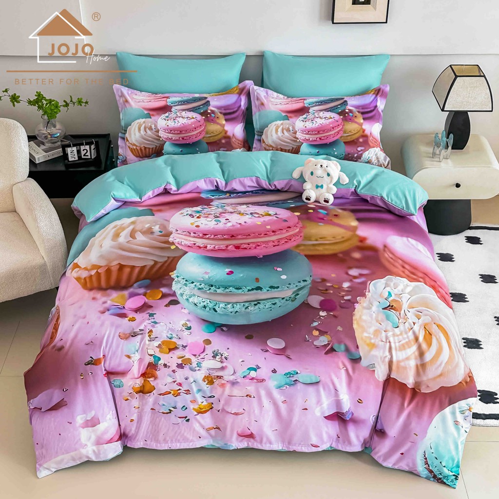 Lenjerie de pat, 2 persoane, cu elastic, finet, 6 piese, imprimeu 5D, roz și turcoaz, cu macarons și brioșe, LELD6035