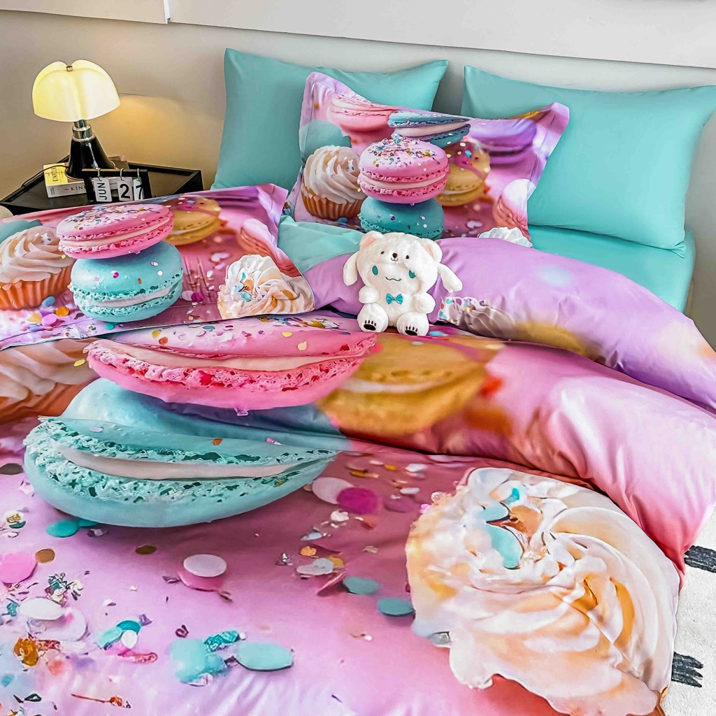 Lenjerie de pat, 2 persoane, cu elastic, finet, 6 piese, imprimeu 5D, roz și turcoaz, cu macarons și brioșe, LELD6035