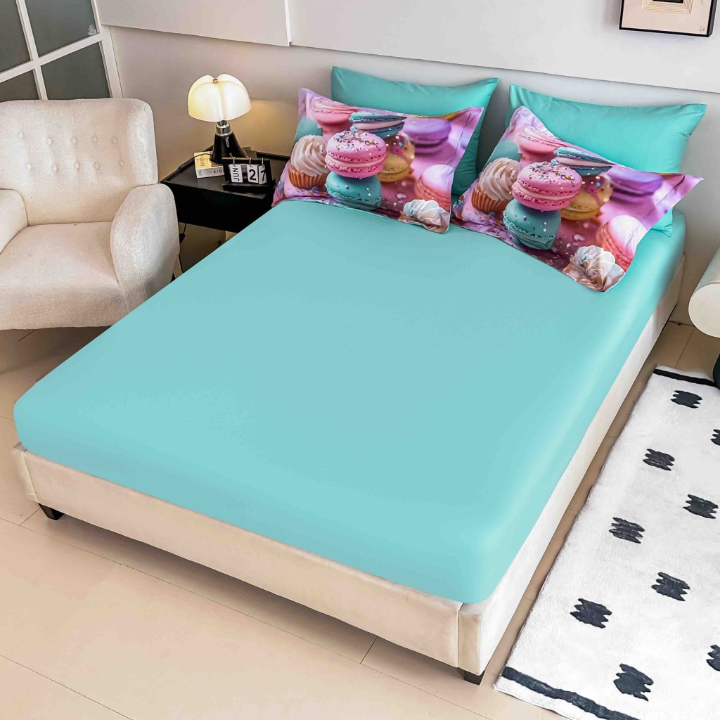Lenjerie de pat, 2 persoane, cu elastic, finet, 6 piese, imprimeu 5D, roz și turcoaz, cu macarons și brioșe, LELD6035