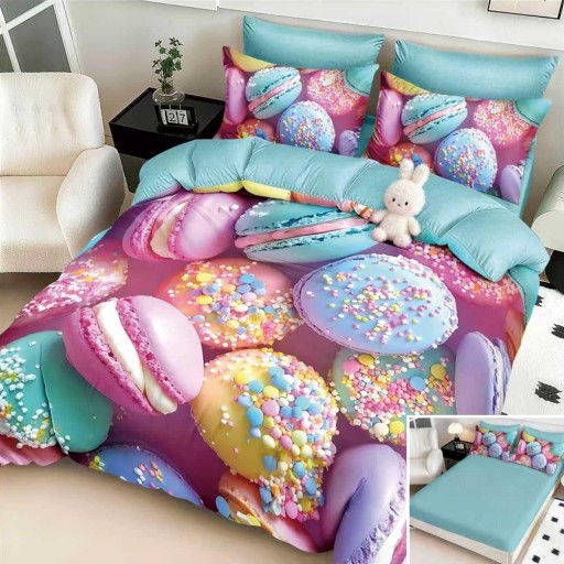 Lenjerie de pat, 2 persoane, cu elastic, finet, 6 piese, imprimeu 5D, albastru deschis, cu macarons, LELD6101