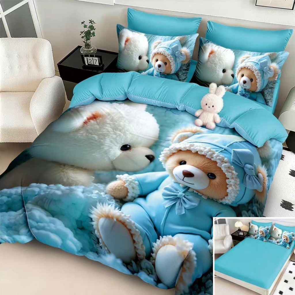 Lenjerie de pat, 2 persoane, cu elastic, finet, 6 piese, imprimeu 5D, albastru deschis, cu ursuleți de pluș, LELD6102