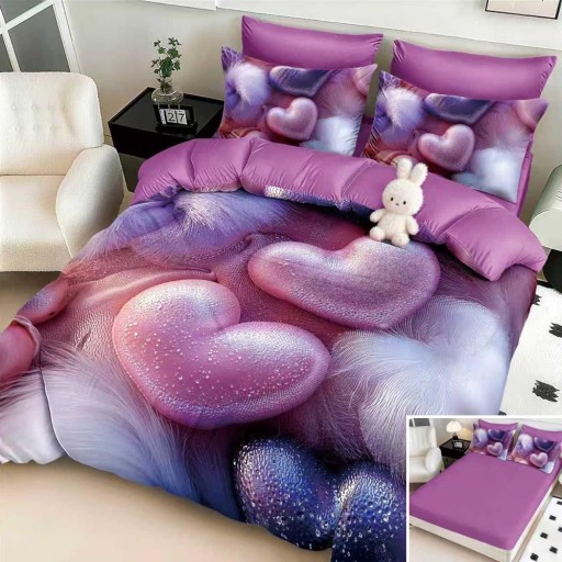 Lenjerie de pat, 2 persoane, cu elastic, finet, 6 piese, imprimeu 5D, mov albastru, cu inimioare, LELD6103