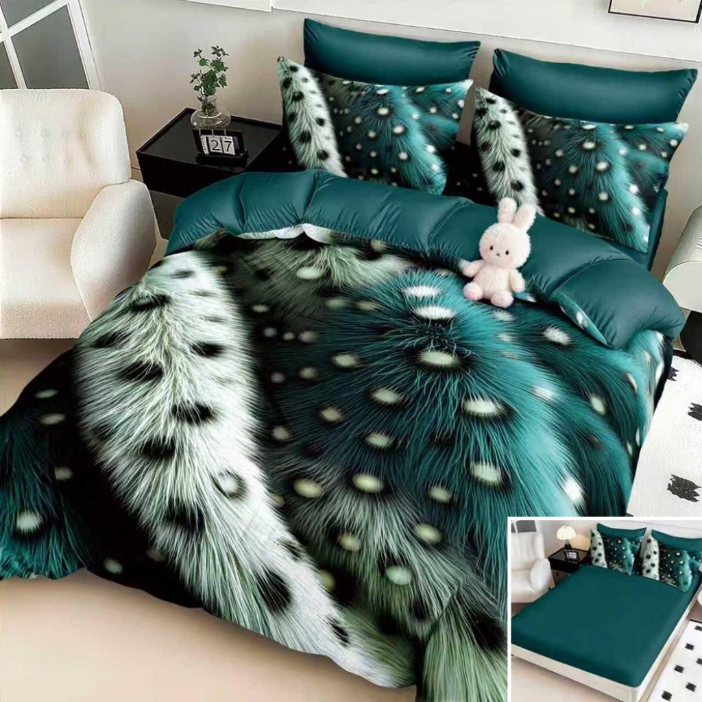 Lenjerie de pat, 2 persoane, cu elastic, finet, 6 piese, imprimeu 5D, verde alb, cu model puf, LELD6104