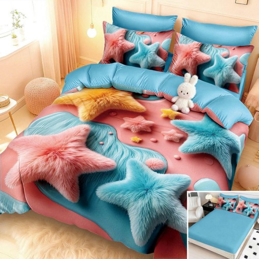 Lenjerie de pat, 2 persoane, cu elastic, finet, 6 piese, imprimeu 5D, roz turcoaz, cu stele, LELD6105