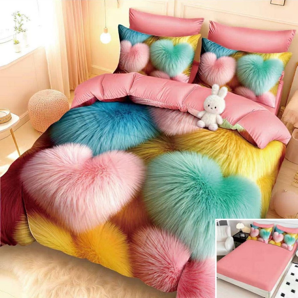 Lenjerie de pat, 2 persoane, cu elastic, finet, 6 piese, imprimeu 5D, roz , cu inimi colorate, LELD6106