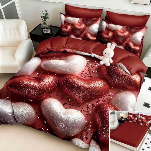 Lenjerie de pat, 2 persoane, cu elastic, finet, 6 piese, imprimeu 5D, vișiniu alb , cu inimi, LELD6107