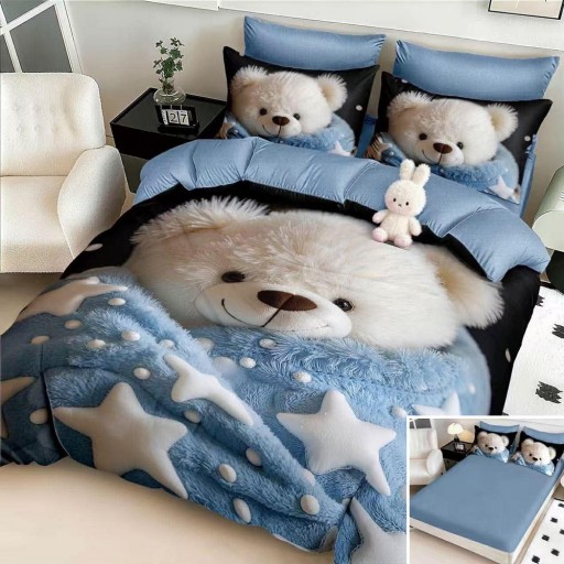 Lenjerie de pat, 2 persoane, cu elastic, finet, 6 piese, imprimeu 5D, albastru alb , cu ursuleț de pluș, LELD6108