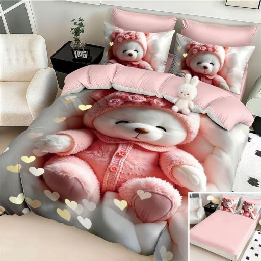 Lenjerie de pat, 2 persoane, cu elastic, finet, 6 piese, imprimeu 5D, roz alb , cu ursuleț de pluș, LELD6109