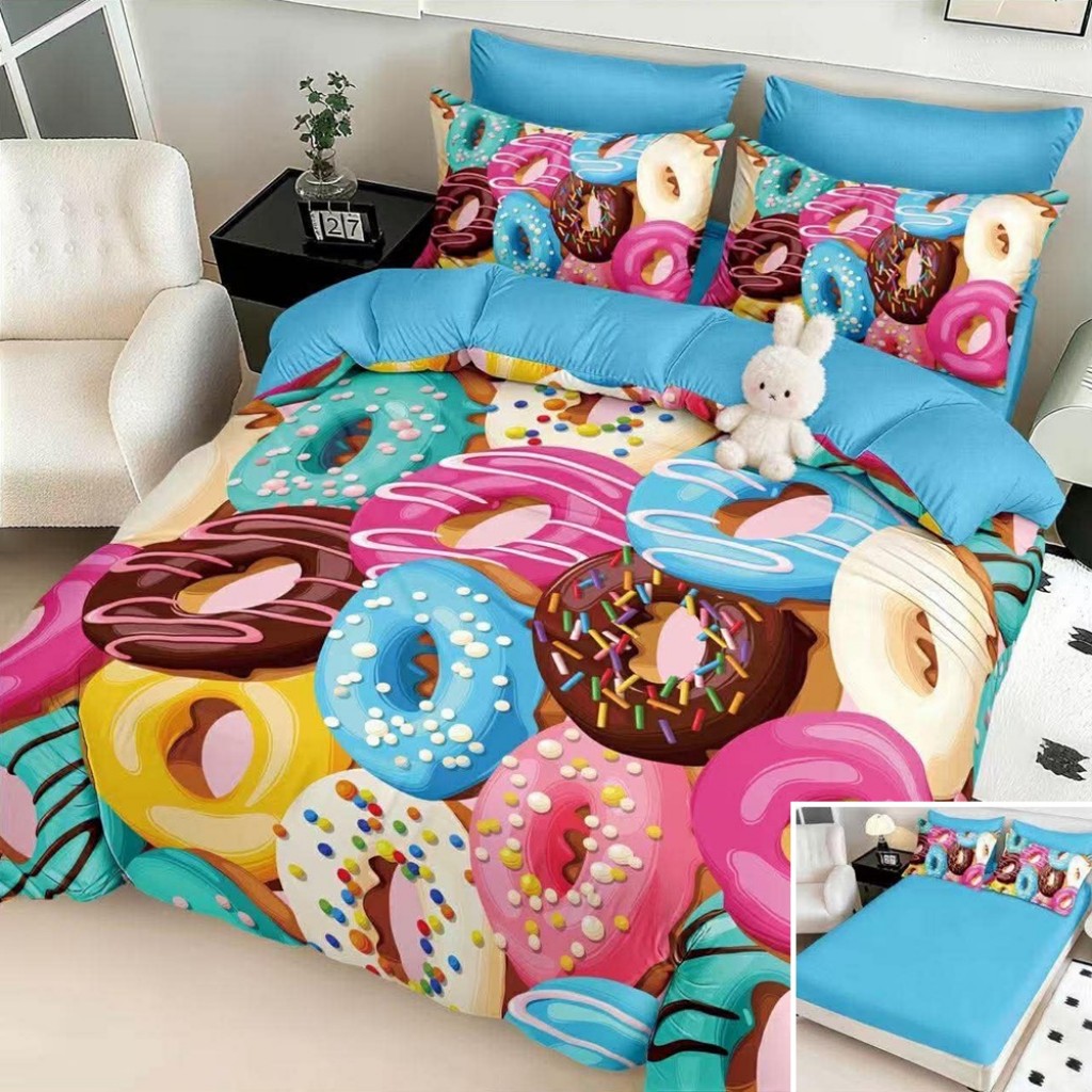 Lenjerie de pat, 2 persoane, cu elastic, finet, 6 piese, imprimeu 5D, albastru deschis , cu donuts, LELD6110