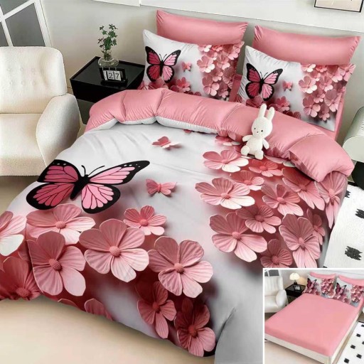 Lenjerie de pat, 2 persoane, cu elastic, finet, 6 piese, imprimeu 5D, crem bej, cu flori și fluturi, LELD6111