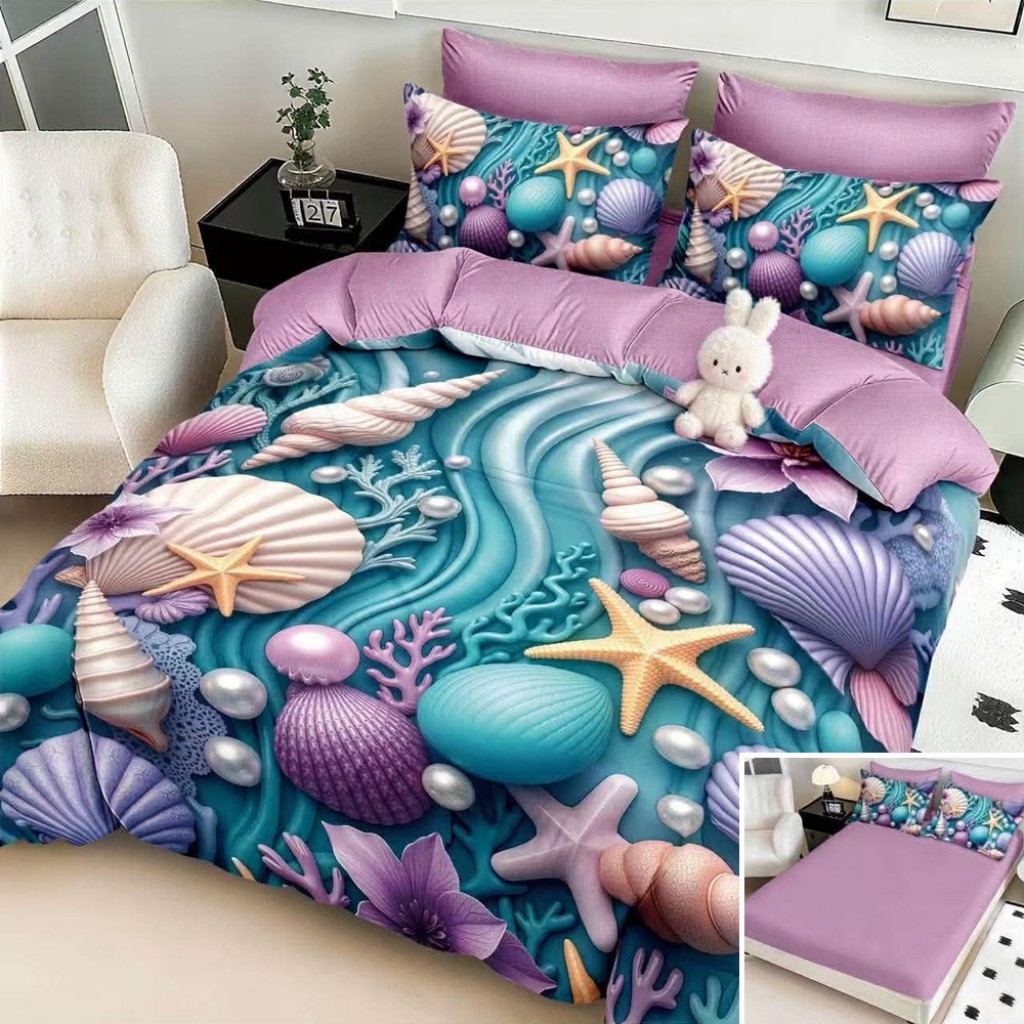 Lenjerie de pat, 2 persoane, cu elastic, finet, 6 piese, imprimeu 5D, mov albastru, cu stele de mare, LELD6112