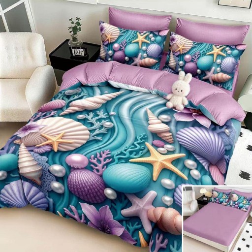 Lenjerie de pat, 2 persoane, cu elastic, finet, 6 piese, imprimeu 5D, mov albastru, cu stele de mare, LELD6112