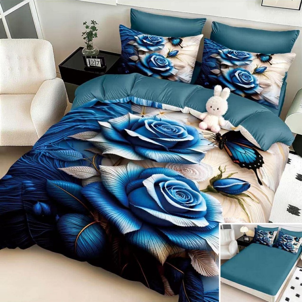 Lenjerie de pat, 2 persoane, cu elastic, finet, 6 piese, imprimeu 5D, albastru crem, cu trandafiri și fluturi, LELD6113