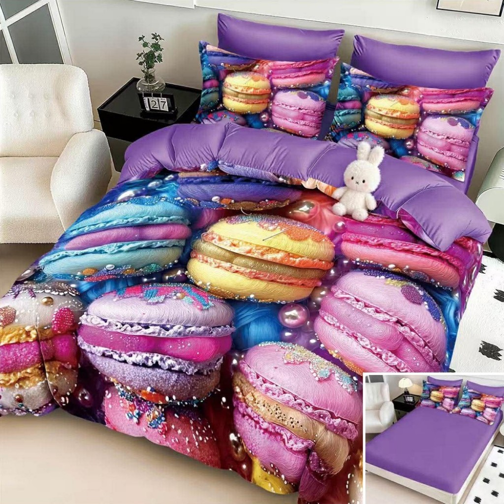 Lenjerie de pat, 2 persoane, cu elastic, finet, 6 piese, imprimeu 5D, mov , cu macarons, LELD6114