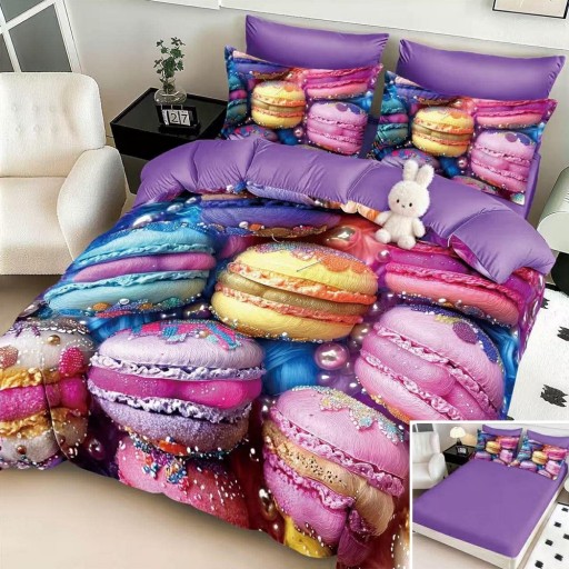 Lenjerie de pat, 2 persoane, cu elastic, finet, 6 piese, imprimeu 5D, mov , cu macarons, LELD6114