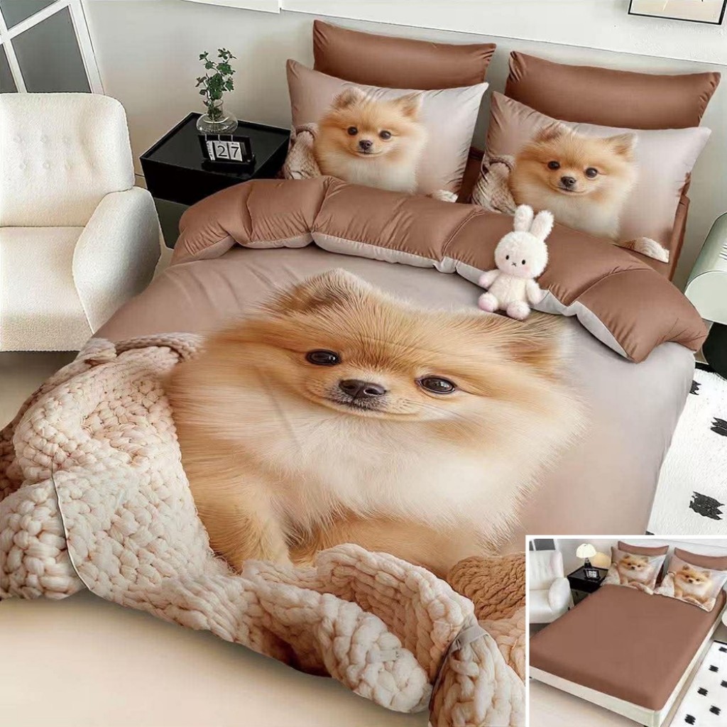 Lenjerie de pat, 2 persoane, cu elastic, finet, 6 piese, imprimeu 5D, crem , cățeluș, LELD6115