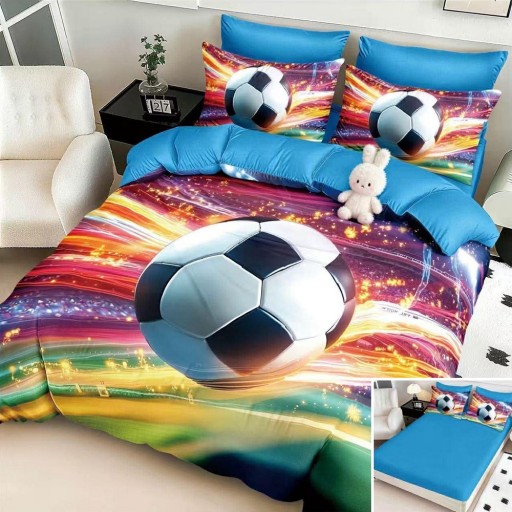 Lenjerie de pat, 2 persoane, cu elastic, finet, 6 piese, imprimeu 5D, albastru multicolor, minge de fotbal, LELD6116