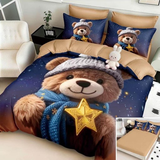 Lenjerie de pat, 2 persoane, cu elastic, finet, 6 piese, imprimeu 5D, albastru maro, cu ursuleț șerif, LELD6117