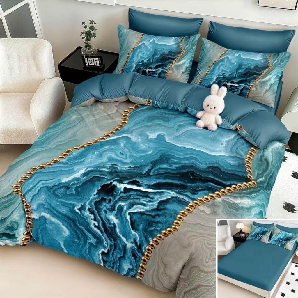 Lenjerie de pat, 2 persoane, cu elastic, finet, 6 piese, imprimeu 5D, albastru turcoaz, mozaic, LELD6118