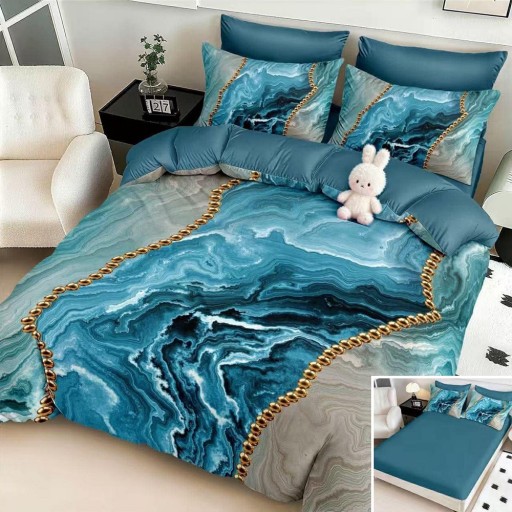 Lenjerie de pat, 2 persoane, cu elastic, finet, 6 piese, imprimeu 5D, albastru turcoaz, mozaic, LELD6118