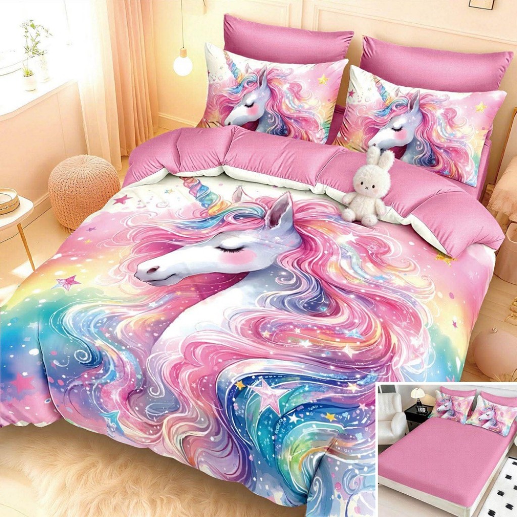 Lenjerie de pat, 2 persoane, cu elastic, finet, 6 piese, imprimeu 5D, roz curcubeu, cu unicorn, LELD6119