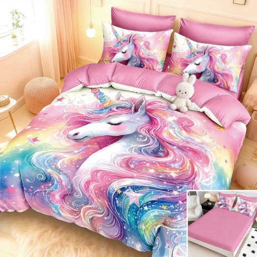 Lenjerie de pat, 2 persoane, cu elastic, finet, 6 piese, imprimeu 5D, roz curcubeu, cu unicorn, LELD6119