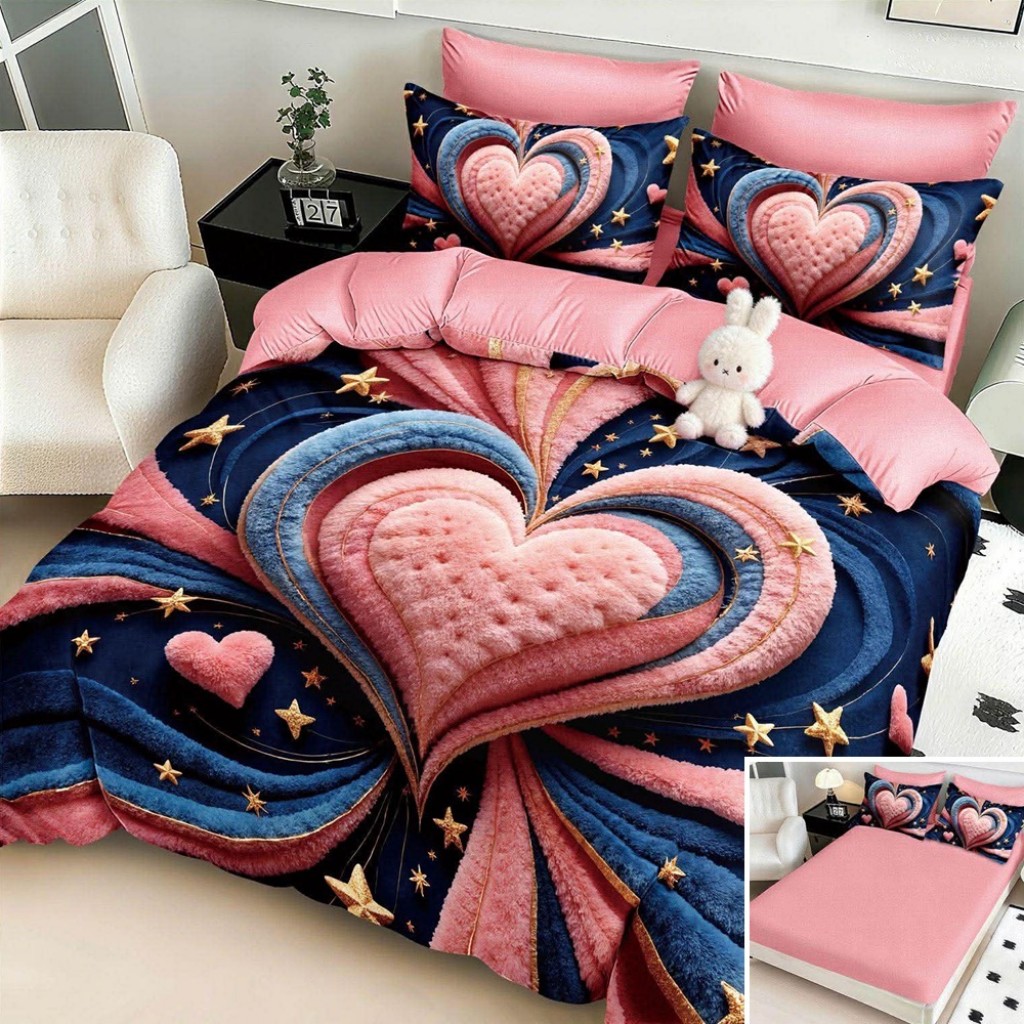 Lenjerie de pat, 2 persoane, cu elastic, finet, 6 piese, imprimeu 5D, roz albastru, cu inimi, LELD6120