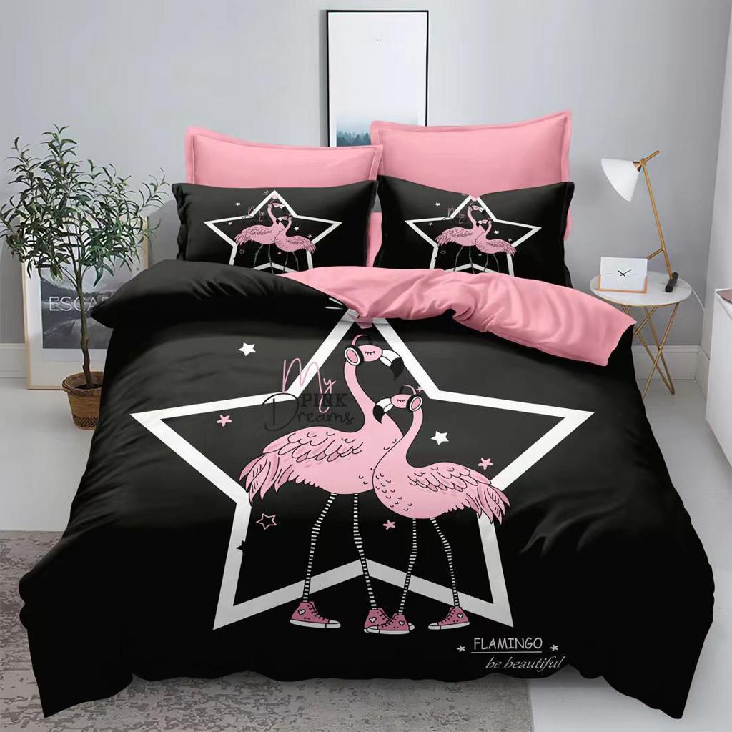 Lenjerie de pat, 2 persoane, imprimeu identic 3D, finet, 6 piese, negru și roz , cu Flamingo , LFD102