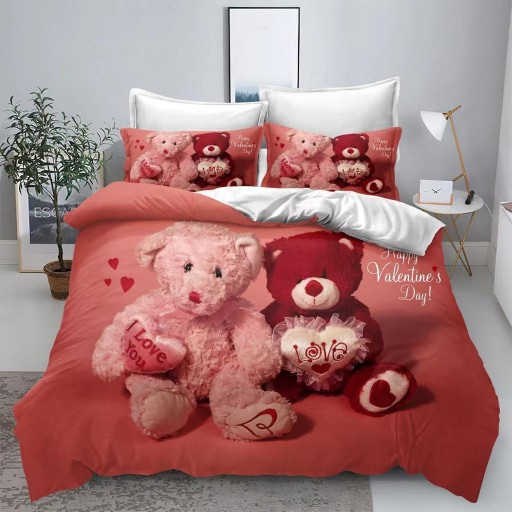 Lenjerie de pat, 2 persoane, imprimeu identic 3D, finet, 6 piese, rosu si alb , cu ursuleti de plus , LFD104