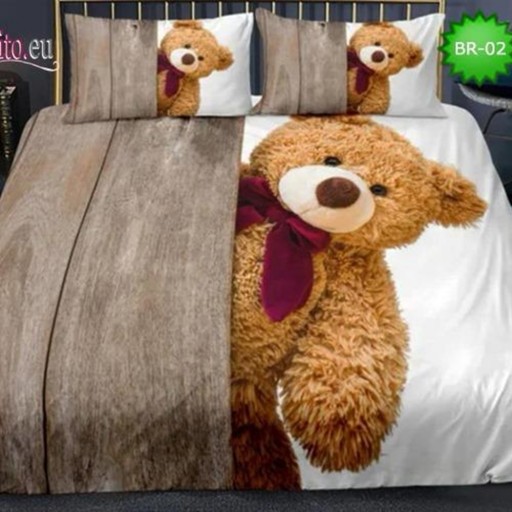 Lenjerie de pat, 2 persoane, imprimeu identic 3D, finet, 6 piese, maro și alb, cu ursuleți de plus , LFD107