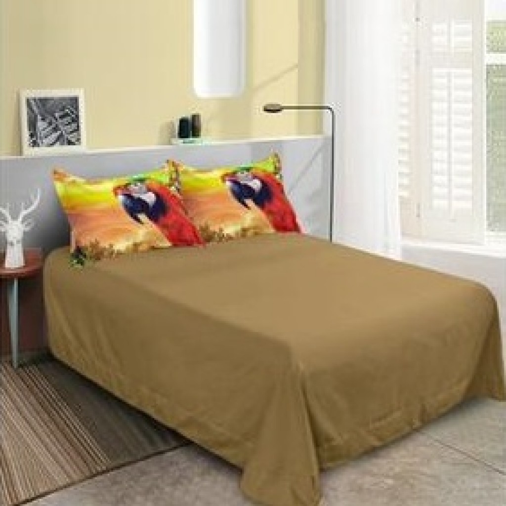 Lenjerie de pat, 2 persoane, imprimeu identic 3D, finet, 6 piese, maro , cu papagali, LFD113