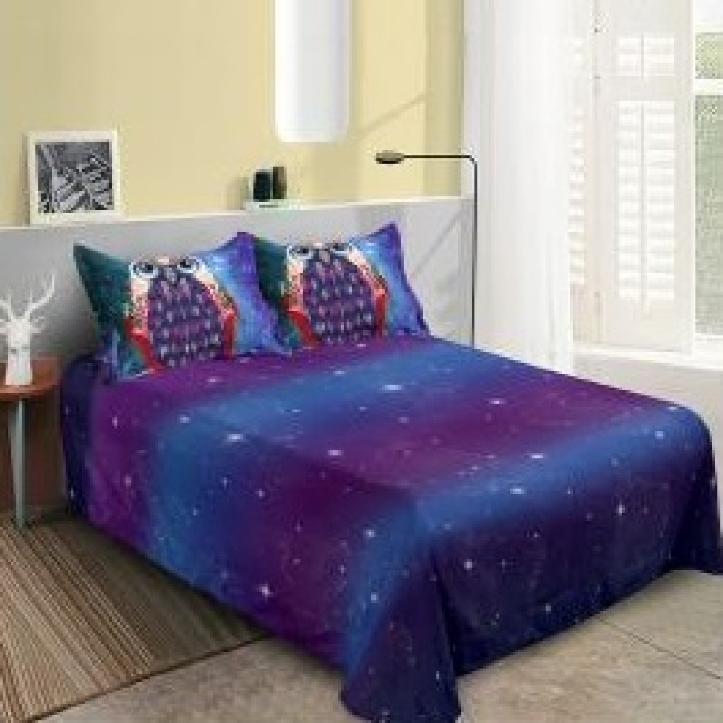 Lenjerie de pat, 2 persoane, imprimeu identic 3D, finet, 6 piese, albastru , cu bufniță, LFD114