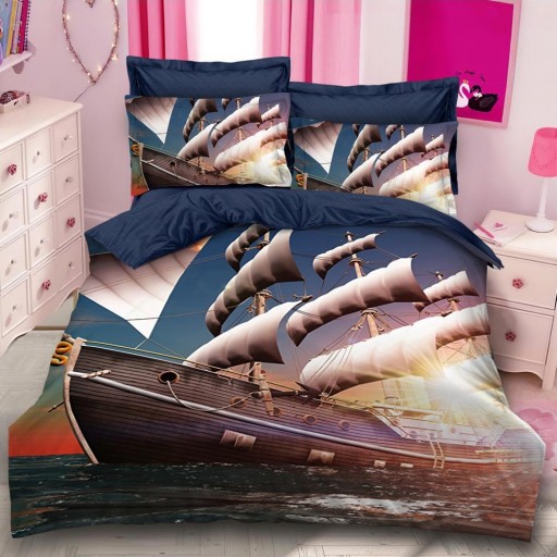 Lenjerie de pat, 2 persoane, imprimeu identic 3D, finet, 6 piese, albastru închis, cu ocean si corabie, LFD120