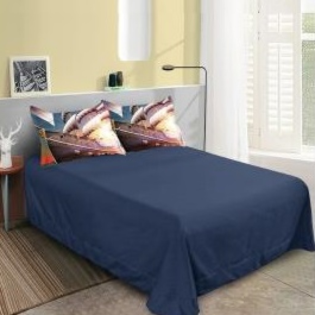 Lenjerie de pat, 2 persoane, imprimeu identic 3D, finet, 6 piese, albastru închis, cu ocean si corabie, LFD120