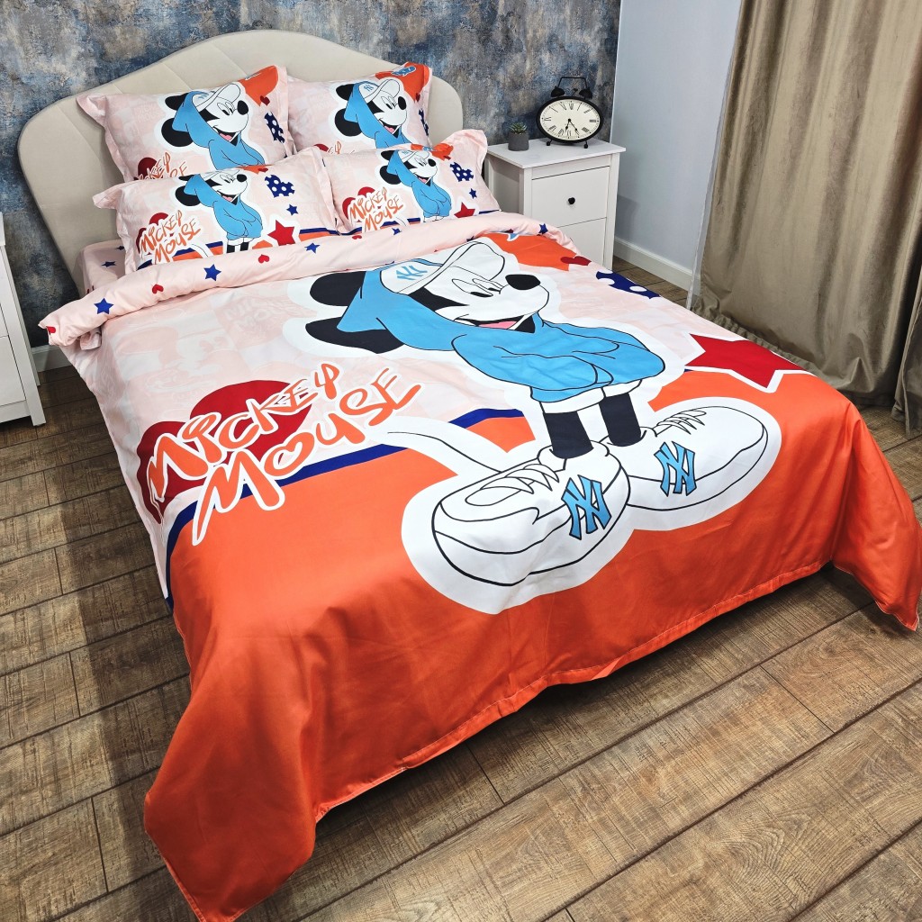 Lenjerie de pat, 2 persoane, imprimeu identic 3D, finet, 6 piese, crem și portocaliu, cu Mickey Mouse, LFD122