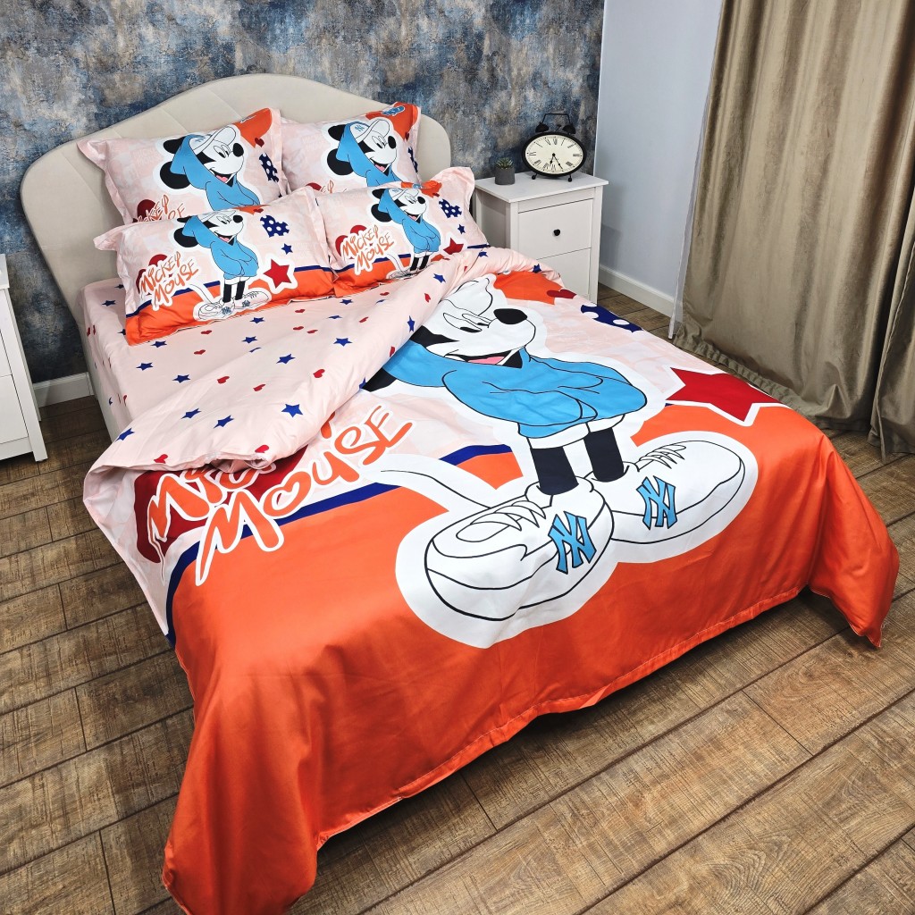 Lenjerie de pat, 2 persoane, imprimeu identic 3D, finet, 6 piese, crem și portocaliu, cu Mickey Mouse, LFD122